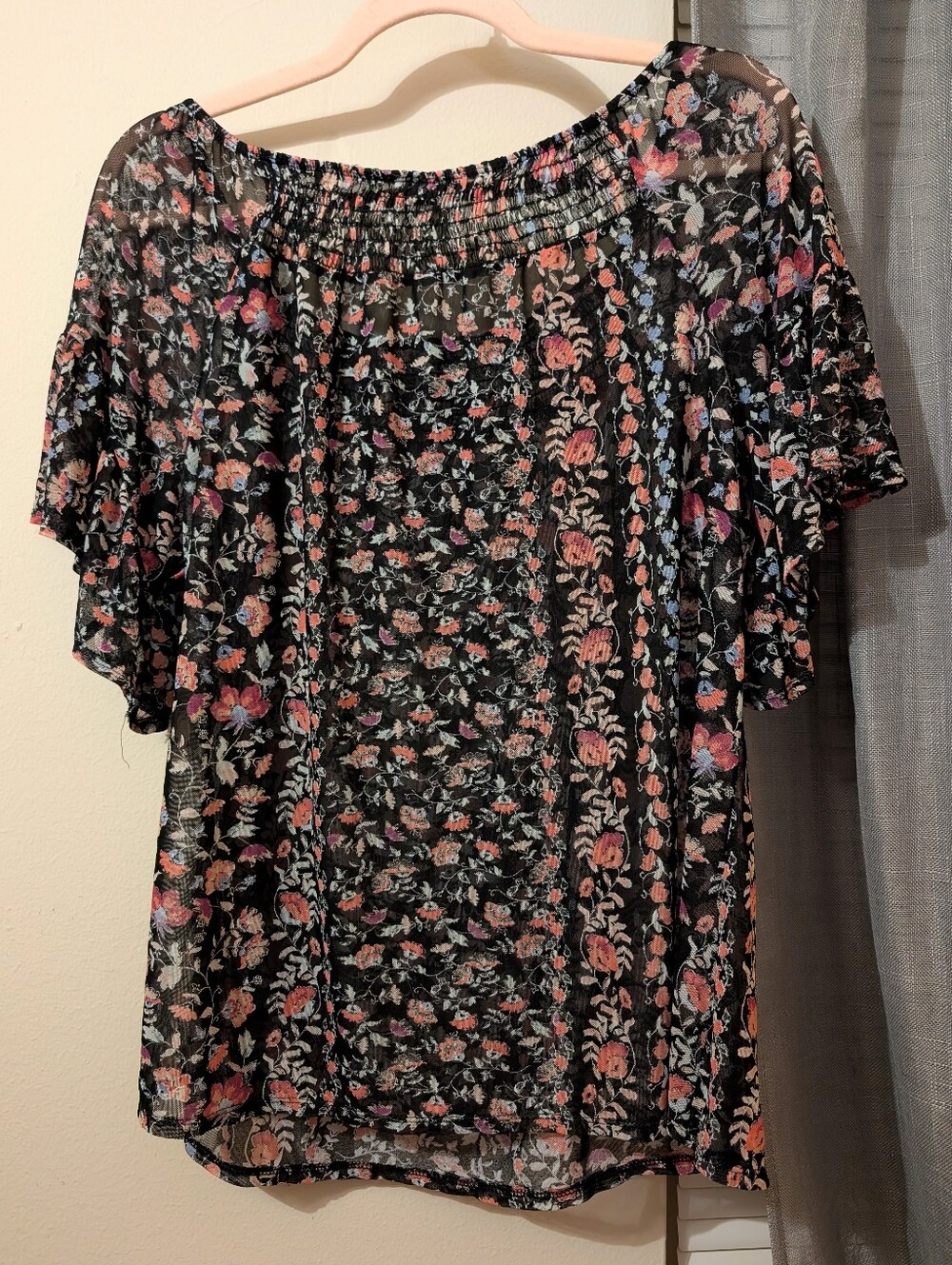 PerSeption Concept Stretch Ruffle Mesh Floral Top Size L - Picture 2 of 3